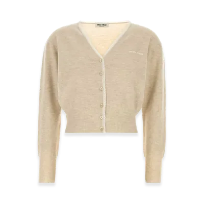 MIU MIU Women's Melange Cashmere Blend Cardigan "White/Sand"