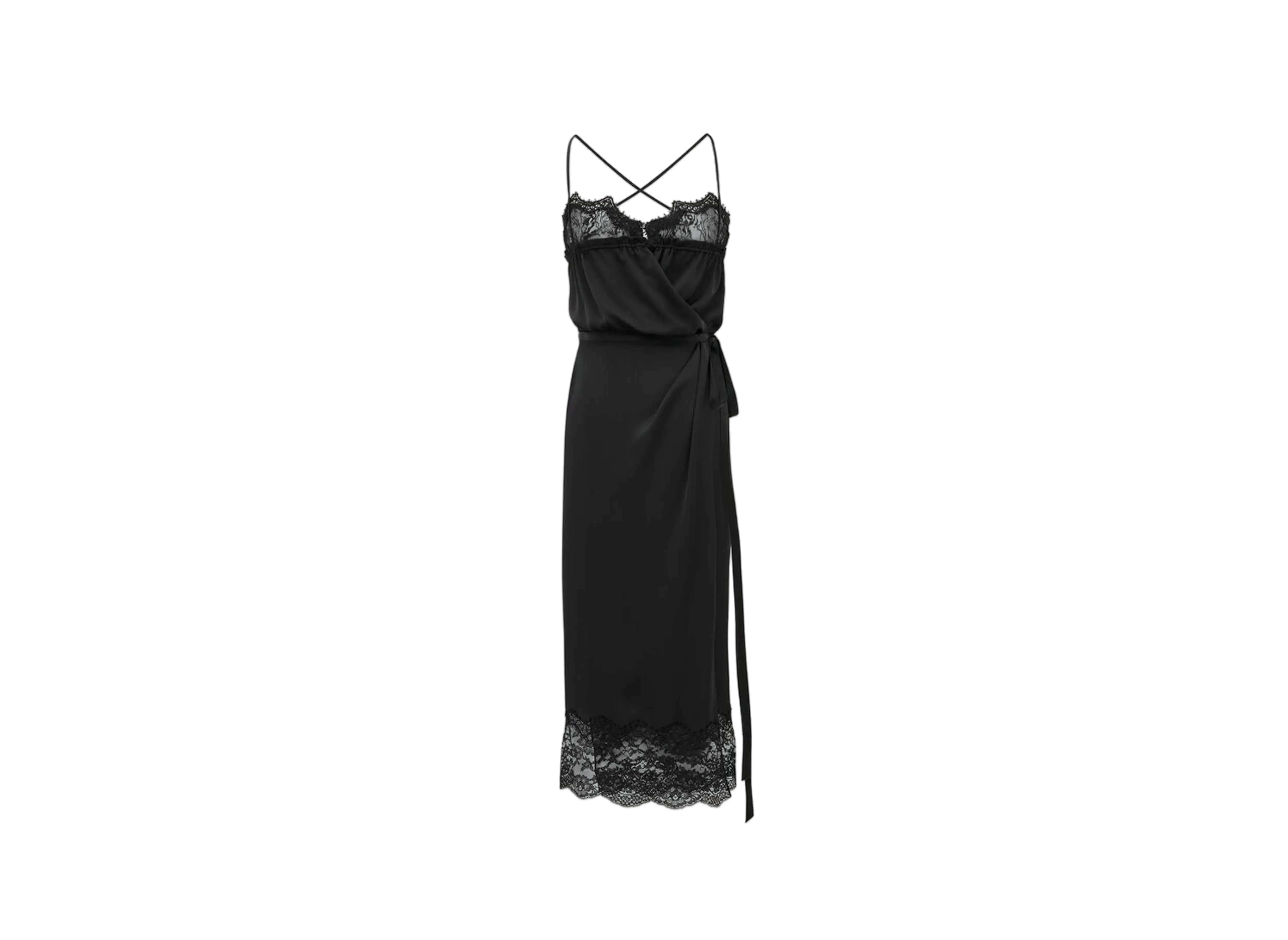 Saint Laurent Women's Wrap Dress in Silk Charmeuse and Lace "Black"