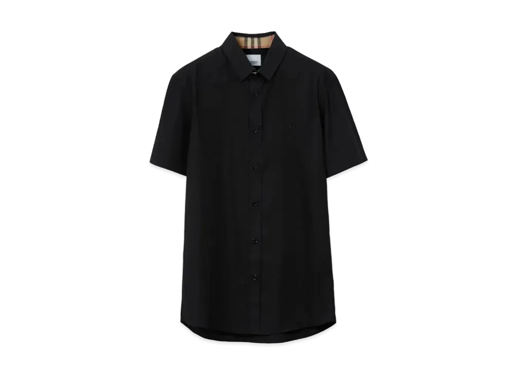 Burberry Men's Short Sleeve Monogram Motif Stretch Cotton Shirt "Black"