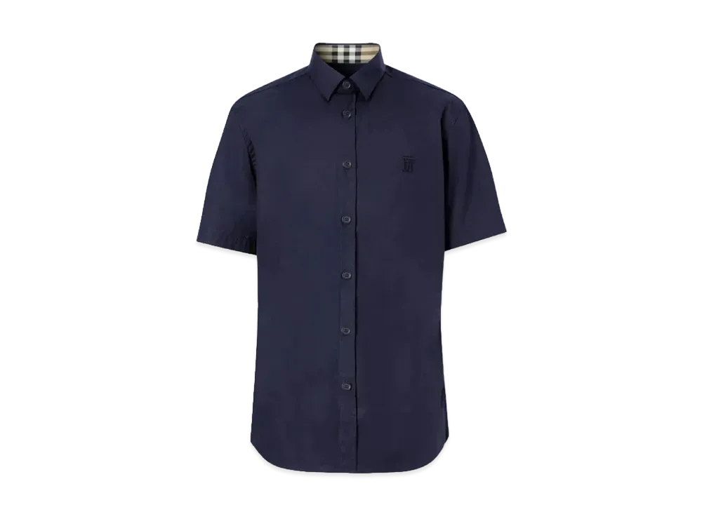 Burberry Men's Short Sleeve Monogram Motif Stretch Cotton Shirt "Navy"