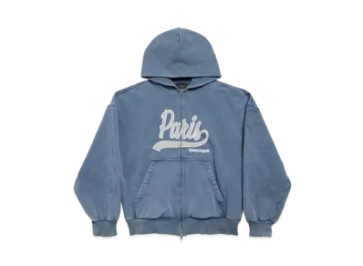 BALENCIAGA Enjoy Paris Zip-Up Hoodie Regular Fit in Archetype Fleece "Faded Blue"