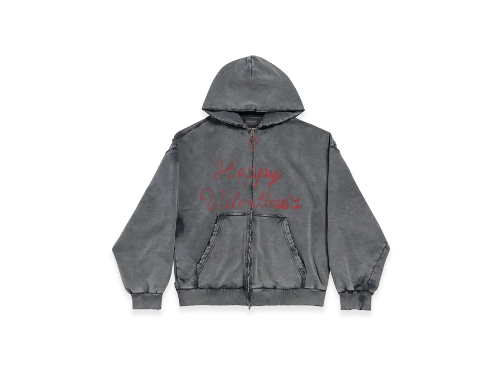 BALENCIAGA Women's Lipstick Valentines Regular Fit Zip-Up Hoodie "Black Faded"