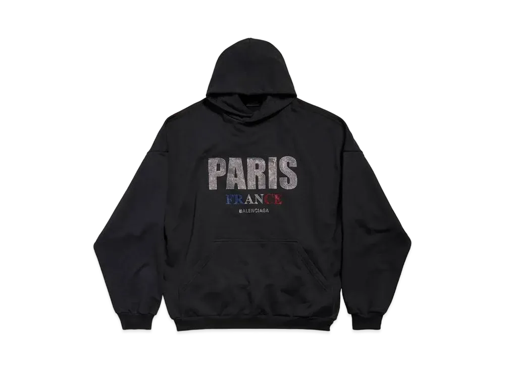 BALENCIAGA Paris Strass Hoodie Large Fit in Archetype Fleece "Black"