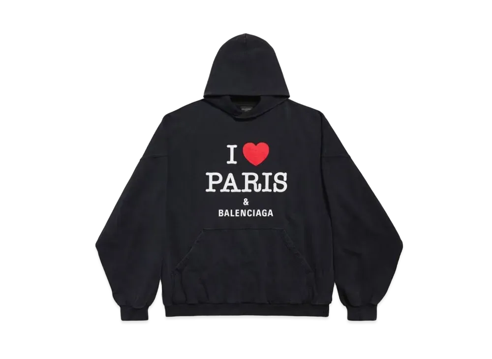 BALENCIAGA I Love Paris & BALENCIAGA Hoodie Large Fit in Faded Washed Curly Fleece "Black"