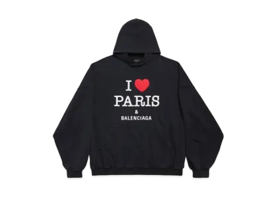 BALENCIAGA I Love Paris & BALENCIAGA Hoodie Large Fit in Faded Washed Curly Fleece "Black"