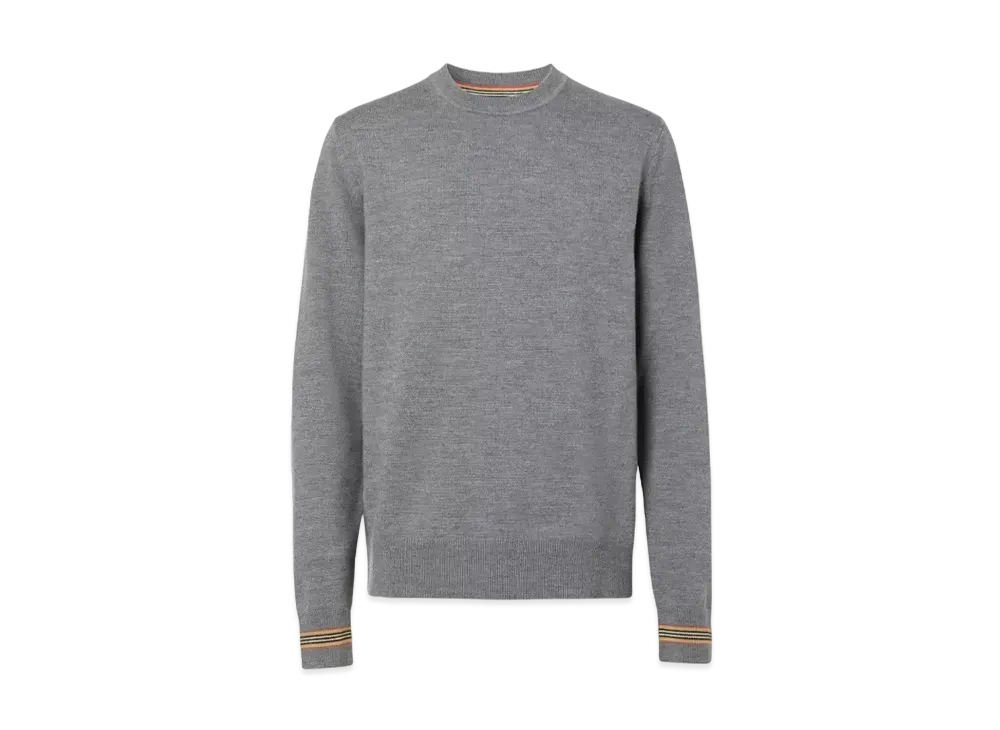 Burberry Men's Icon Stripe Trim Wool Sweater "Mid Grey Melange"