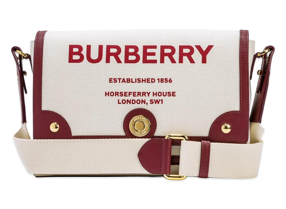 Burberry Horseferry Print Canvas Note Crossbody Bag "Natural/Garnet"