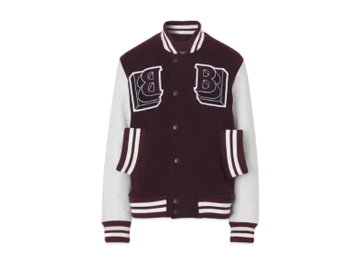 Burberry Men's Leather Sleeve Technical Wool Varsity Jacket "Deep Maroon"