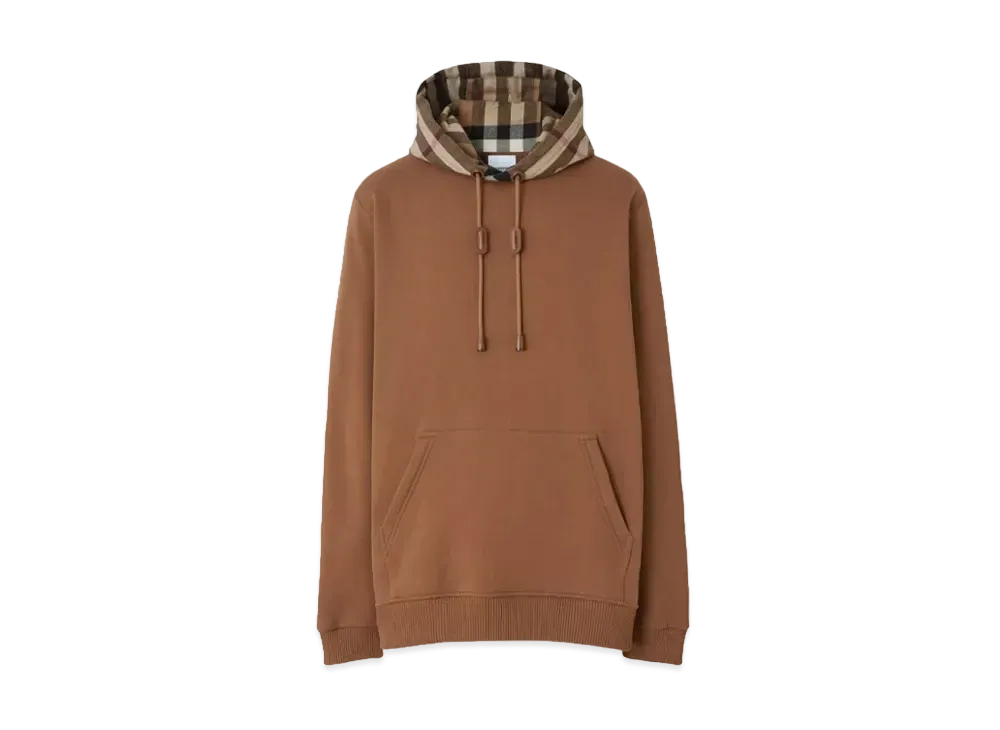 Burberry Men's Check Hood Cotton Blend Hoodie "Dark Birch Brown"