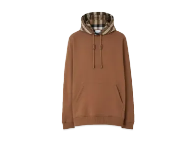 Burberry Men's Check Hood Cotton Blend Hoodie "Dark Birch Brown"