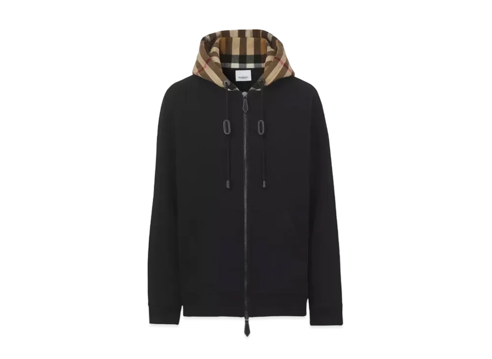 Burberry Men's Check Hood Cotton Blend Zip Hoodie "Black/Birch Brown"