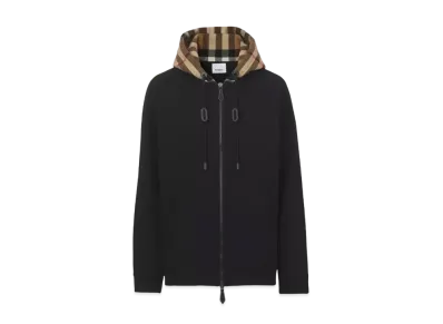 Burberry Men's Check Hood Cotton Blend Zip Hoodie "Black/Birch Brown"