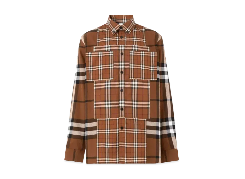 Burberry Men's Contrast Panel Check Cotton Flannel Shirt "Warm Walnut"