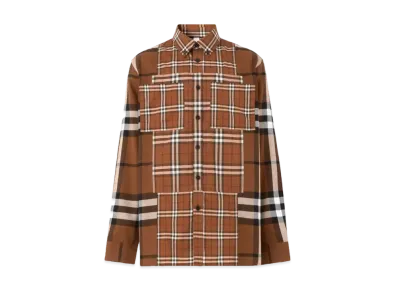 Burberry Men's Contrast Panel Check Cotton Flannel Shirt "Warm Walnut"