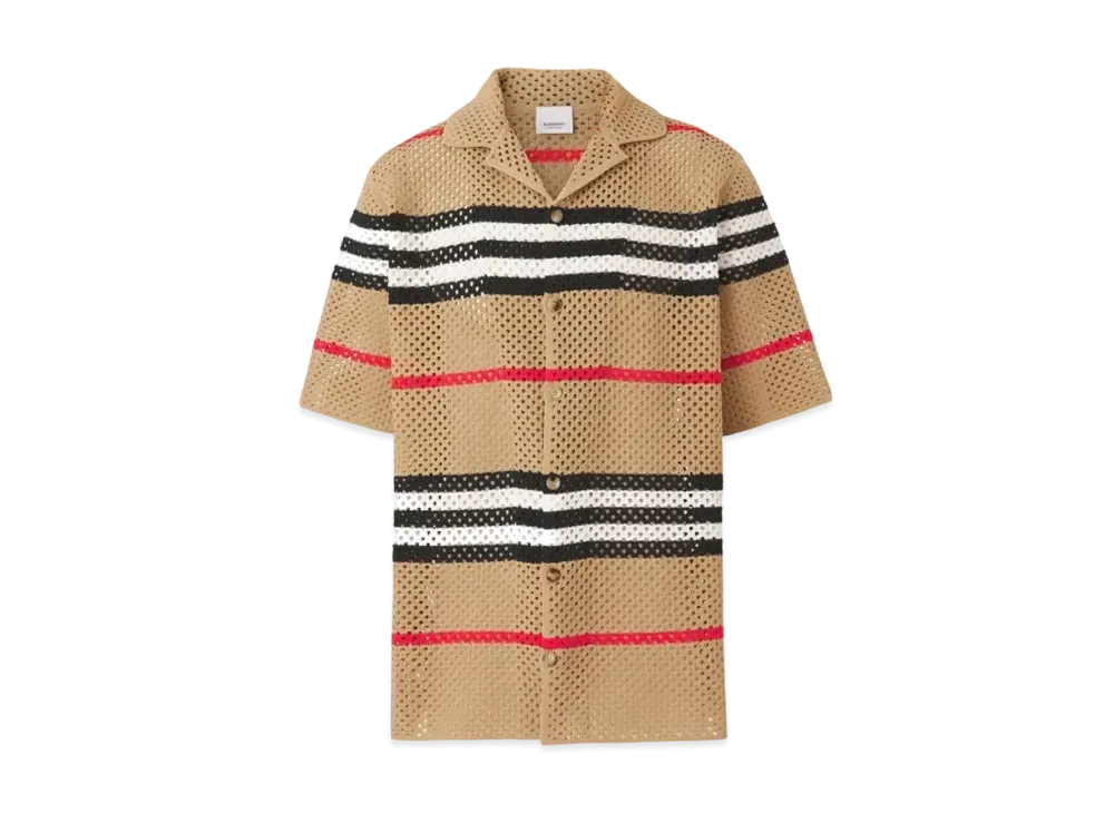 Burberry Men's Malet Short Sleeve Icon Stripe Pointelle Knit Shirt "Camel"
