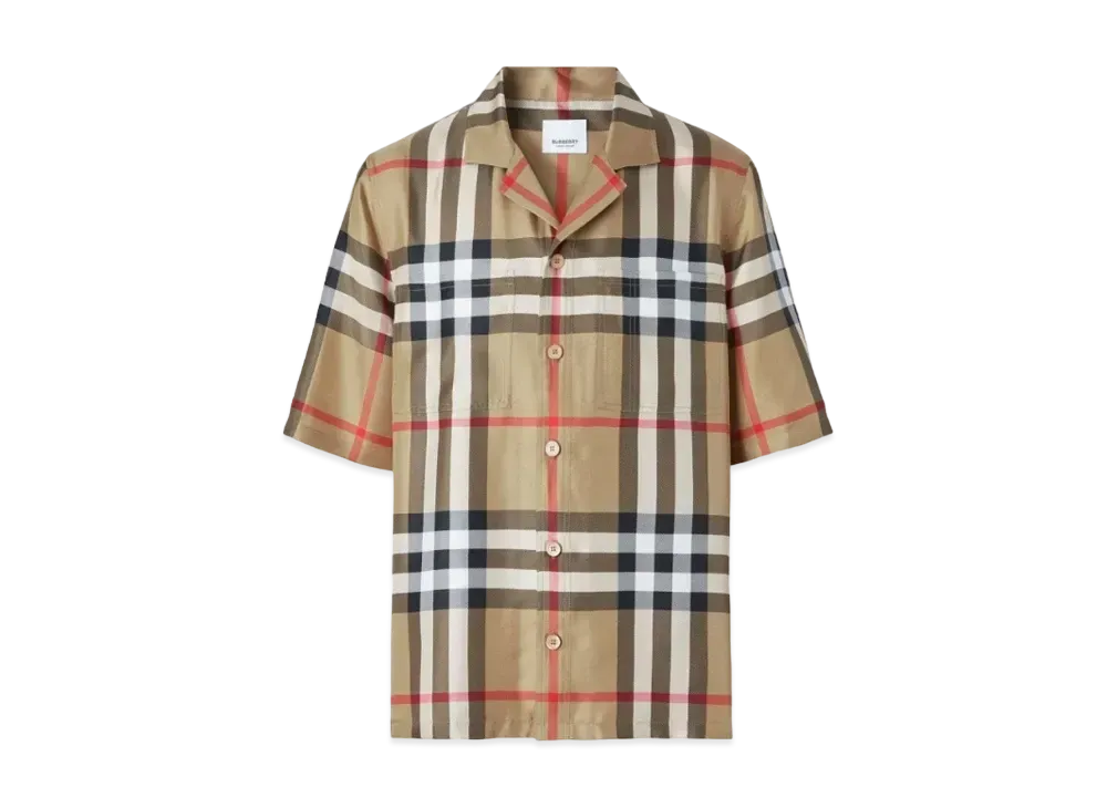 Burberry Men's Short Sleeve Check Silk Shirt "Archive Beige"