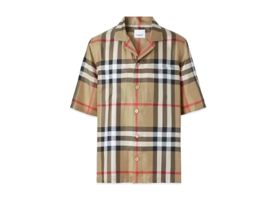 Burberry Men's Short Sleeve Check Silk Shirt "Archive Beige"