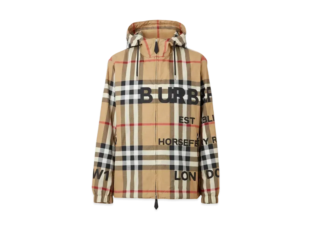 Burberry Men's Horseferry Printed Check Nylon Hooded Jacket "Archive Beige"