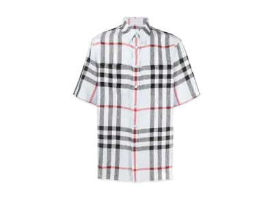 Burberry Men's Short Sleeve Iconic Check Linen Shirt "Pale Blue"