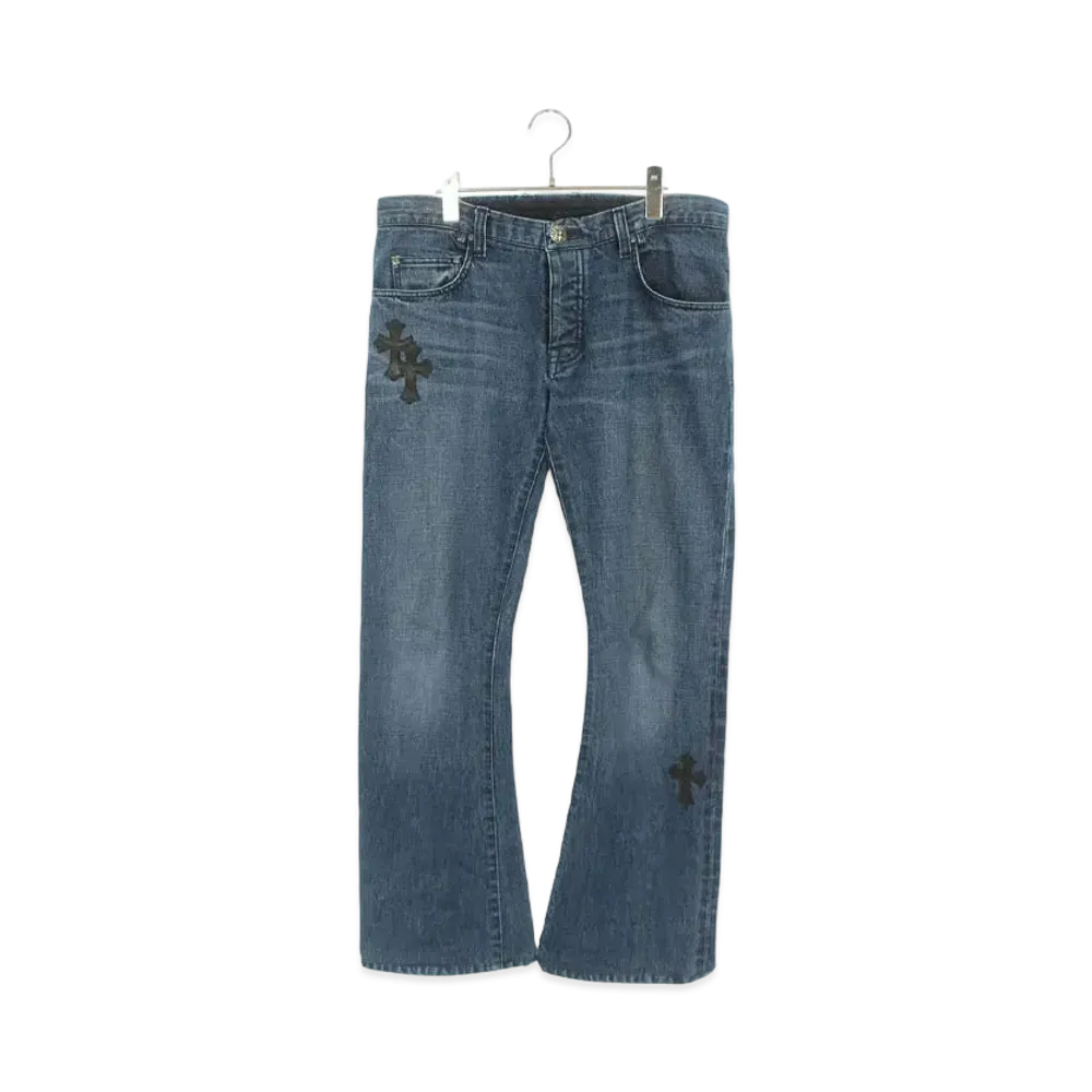 Chrome Hearts Leather Cemetery Cross Patch Custom Denim Pants
