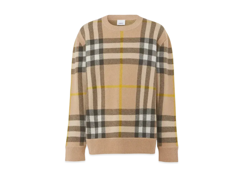 Burberry Men's Check Cashmere Jacquard Sweater "Truffle"