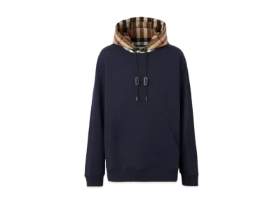 Burberry Men's Check Hood Cotton Hoodie "Blue"