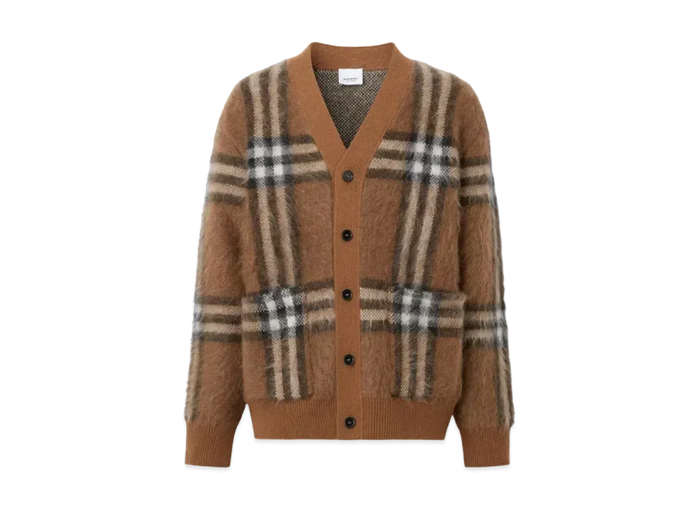 Burberry Men's Check Wool Mohair Blend Jacquard Cardigan "Dark Birch Brown"