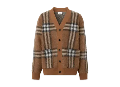 Burberry Men's Check Wool Mohair Blend Jacquard Cardigan "Dark Birch Brown"