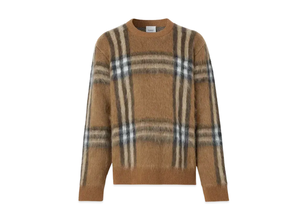 Burberry Men's Check Mohair Wool Blend Jacquard Oversized Sweater "Dark Birch Brown"