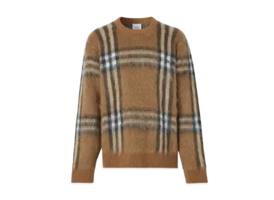 Burberry Men's Check Mohair Wool Blend Jacquard Oversized Sweater "Dark Birch Brown"
