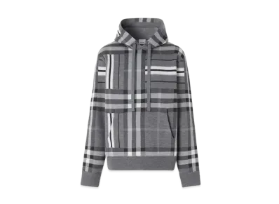 Burberry Men's Check and Stripe Wool Blend Jacquard Hoodie "Dark Grey Melange"