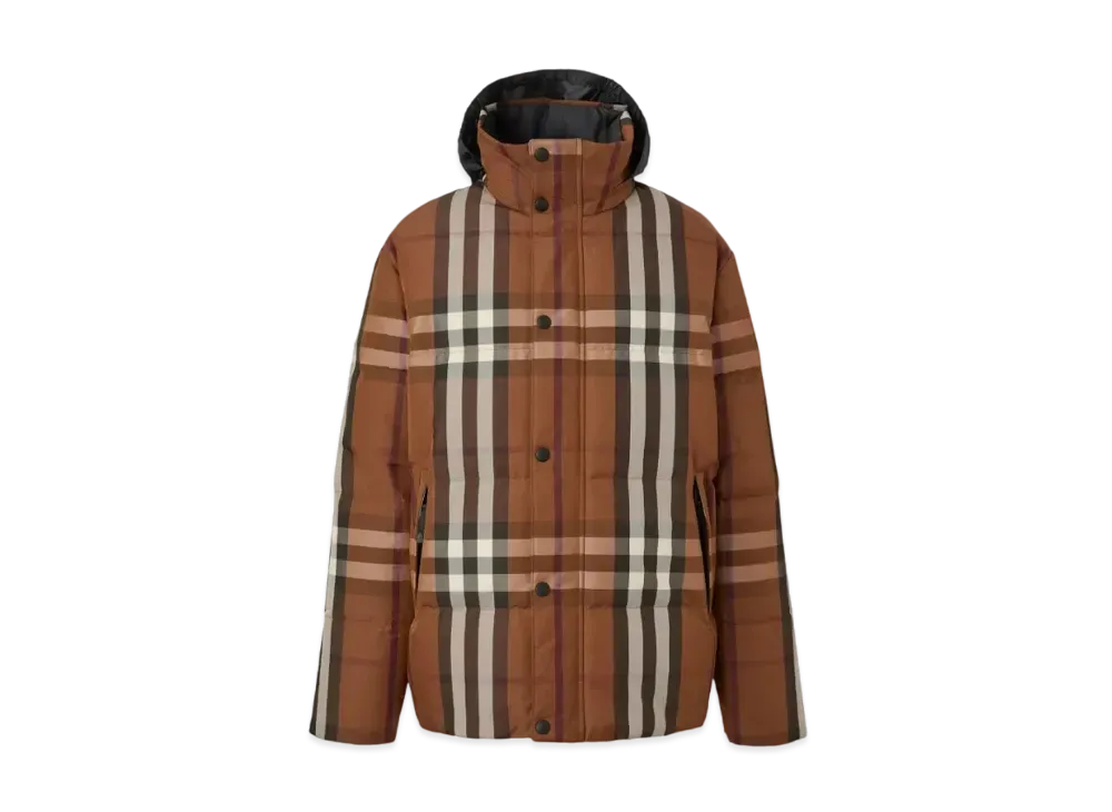 Burberry Men's Packaway Hood Reversible Check Nylon Puffer Jacket "Dark Birch Brown"
