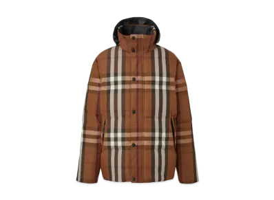 Burberry Men's Packaway Hood Reversible Check Nylon Puffer Jacket "Dark Birch Brown"