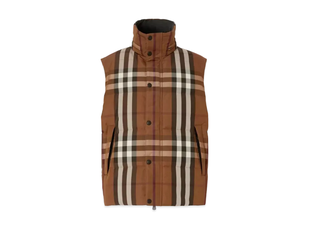 Burberry Men's Packaway Hood Reversible Check Nylon Puffer Gilet "Dark Birch Brown"