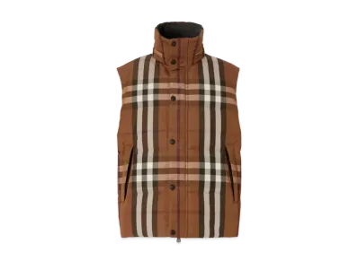 Burberry Men's Packaway Hood Reversible Check Nylon Puffer Gilet "Dark Birch Brown"