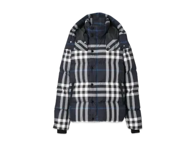 Burberry Men's Check Hooded Puffer Jacket "White/Dark Charcoal Blue"