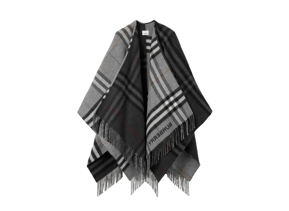 Burberry Contrast Check Wool Cashmere Jacquard Cape "Grey/Charcoal"