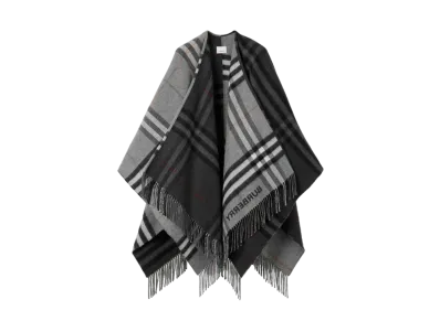 Burberry Contrast Check Wool Cashmere Jacquard Cape "Grey/Charcoal"