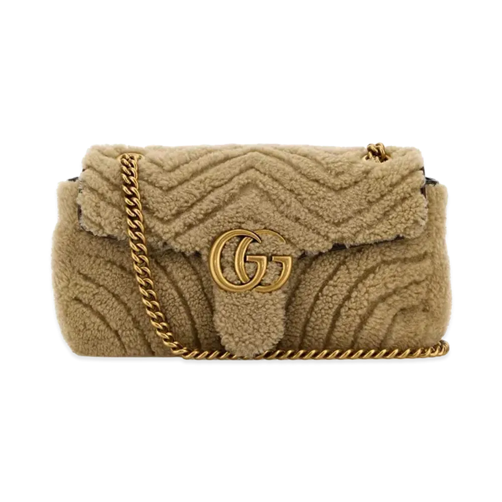 GUCCI Women's Shearling Small Marmont Shoulder Bag "Brown"