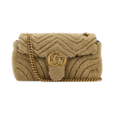 GUCCI Women's Shearling Small Marmont Shoulder Bag "Brown"