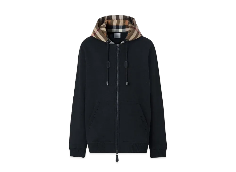 Burberry Men's Check Hood Cotton Zip Hoodie "Black/Archive Beige"