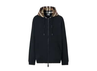 Burberry Men's Check Hood Cotton Zip Hoodie "Black/Archive Beige"