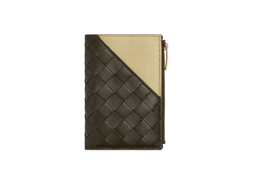Bottega Veneta Intrecciato Diagonal Medium Bi-Fold Wallet "Khaki/Light Butterscotch"