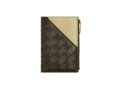 Bottega Veneta Intrecciato Diagonal Medium Bi-Fold Wallet "Khaki/Light Butterscotch"
