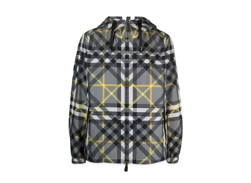 Burberry Men's Layered Check Gabardine Hooded Jacket "Storm Grey"