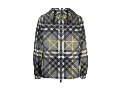 Burberry Men's Layered Check Gabardine Hooded Jacket "Storm Grey"