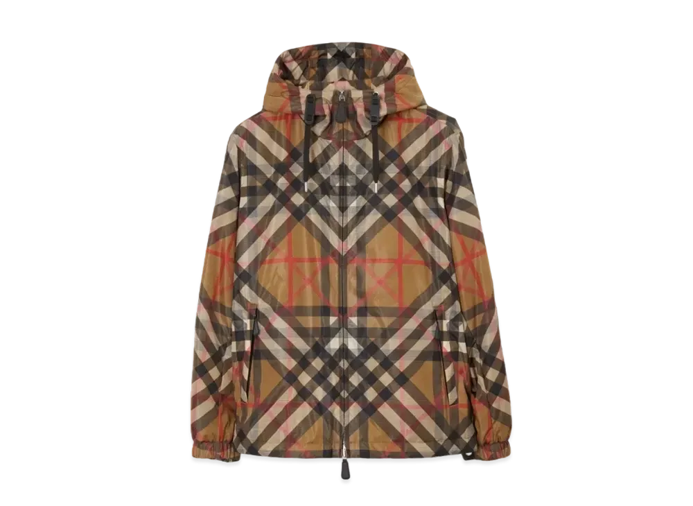 Burberry Men's Layered Check Nylon Hooded Jacket "Archive Beige"