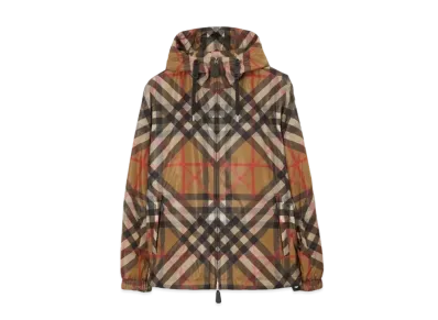 Burberry Men's Layered Check Nylon Hooded Jacket "Archive Beige"