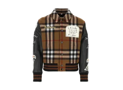 Burberry Men's Badged Applique Check Technical Wool Bomber Jacket "Dark Brown"