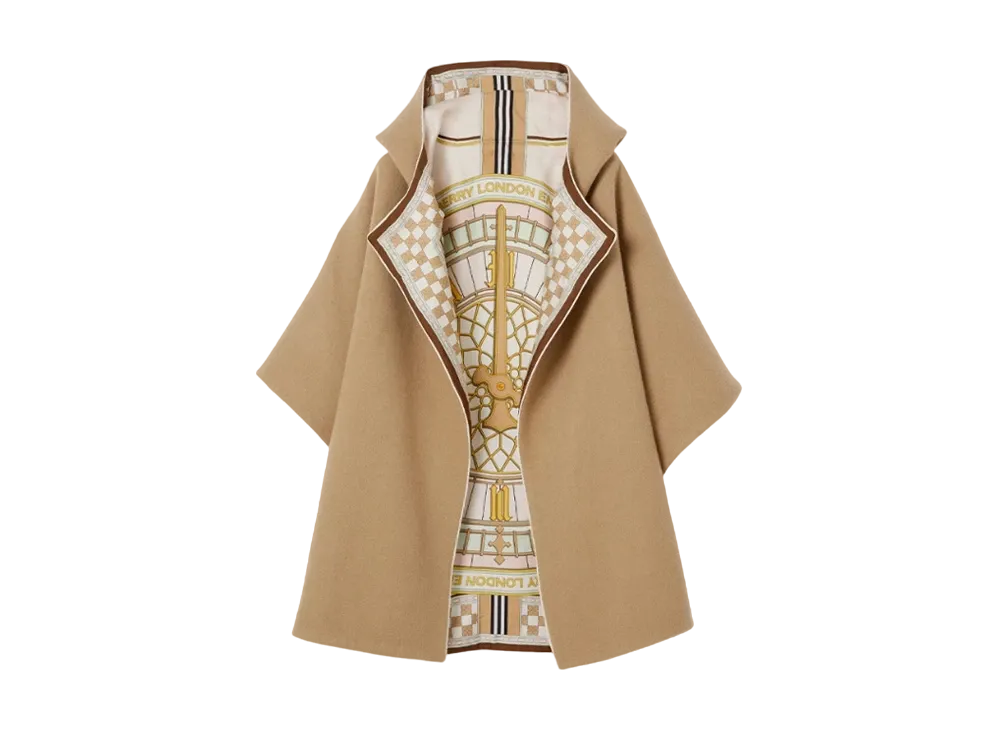 Burberry Clock Print Silk Reversible Hooded Cape "Camel"